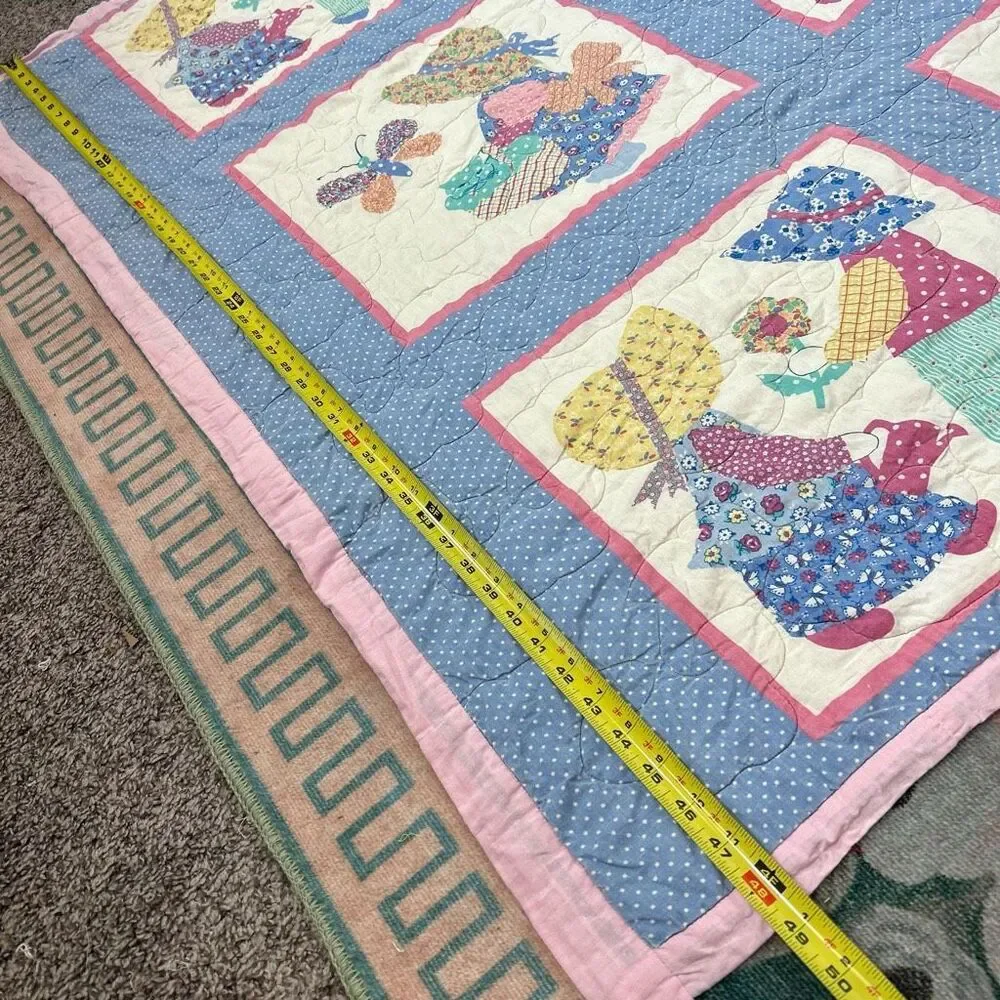 Vintage Sunbonnet Sue Sam Blue Pink Holly Hobby Style Bonnet Throw Quilt 49"x43" - Picture 7 of 15